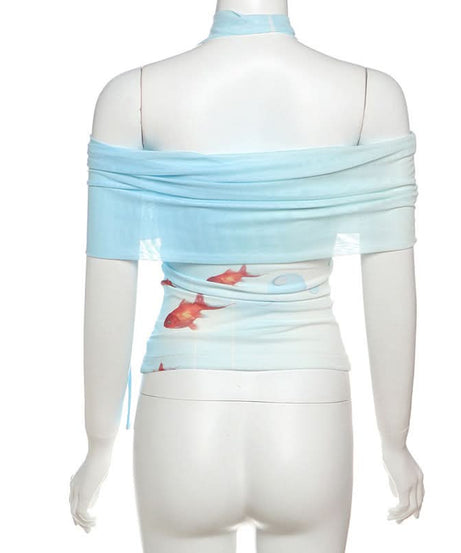 Whimsical Goldfish Off-Shoulder Mesh Midi Dress | Chic Bodycon for Fall Evenings