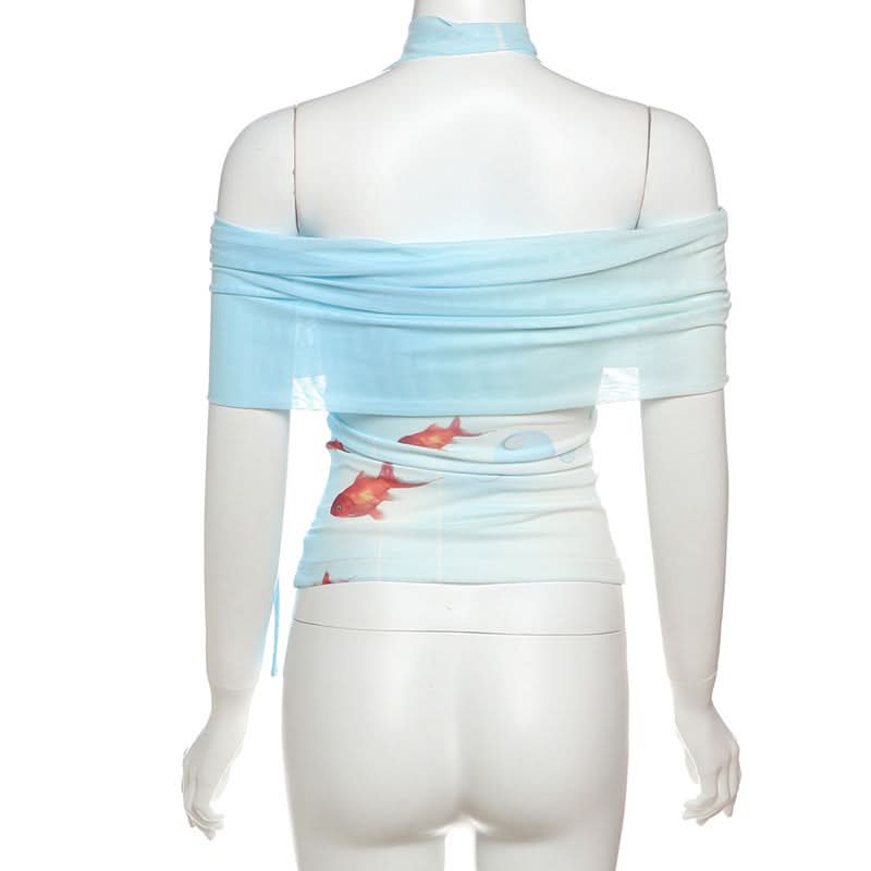 Whimsical Goldfish Off-Shoulder Mesh Midi Dress | Chic Bodycon for Fall Evenings