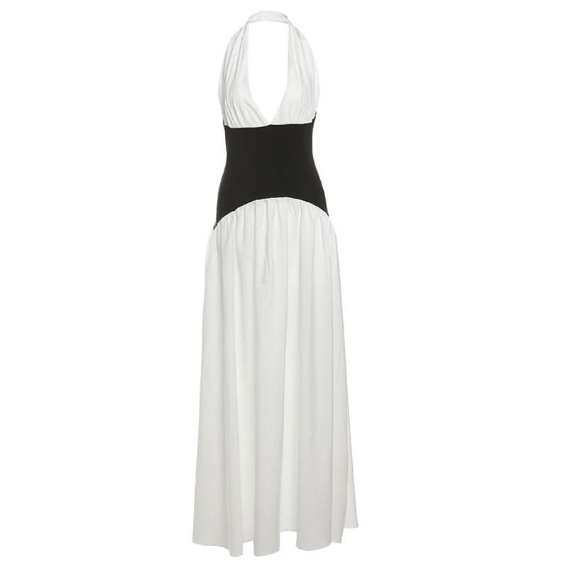 Chic Two-Tone Halter Maxi Dress - Elegant Black & White for Fall & Holiday Parties