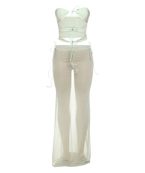 Winter Sun Ready: Sage Sheer Mesh Tie-Front Bandeau & Maxi Skirt Set - Resort & Vacation Chic