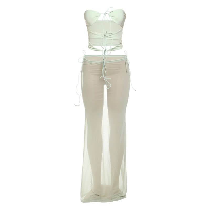 Winter Sun Ready: Sage Sheer Mesh Tie-Front Bandeau & Maxi Skirt Set - Resort & Vacation Chic