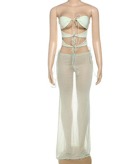 Winter Sun Ready: Sage Sheer Mesh Tie-Front Bandeau & Maxi Skirt Set - Resort & Vacation Chic