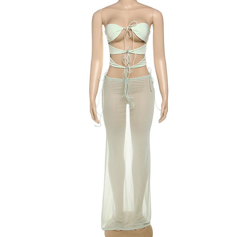Winter Sun Ready: Sage Sheer Mesh Tie-Front Bandeau & Maxi Skirt Set - Resort & Vacation Chic