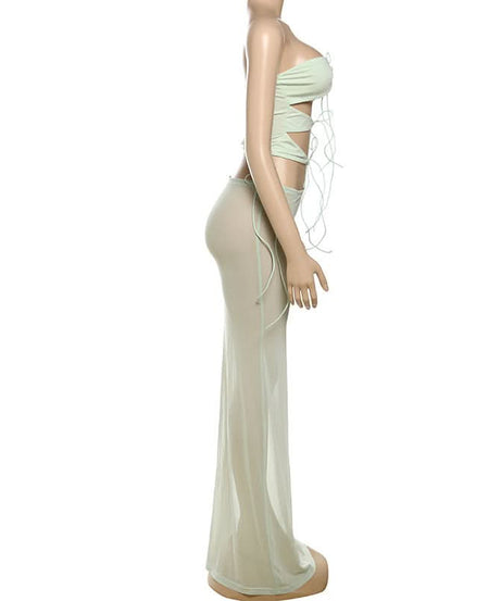 Winter Sun Ready: Sage Sheer Mesh Tie-Front Bandeau & Maxi Skirt Set - Resort & Vacation Chic