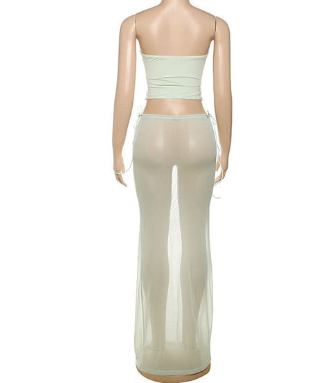 Winter Sun Ready: Sage Sheer Mesh Tie-Front Bandeau & Maxi Skirt Set - Resort & Vacation Chic