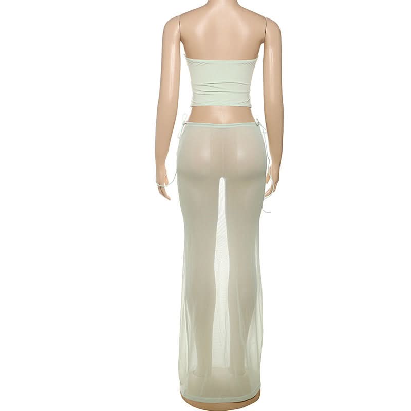 Winter Sun Ready: Sage Sheer Mesh Tie-Front Bandeau & Maxi Skirt Set - Resort & Vacation Chic