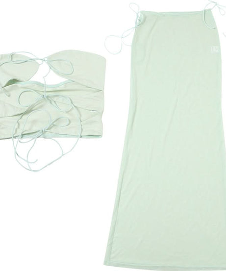 Winter Sun Ready: Sage Sheer Mesh Tie-Front Bandeau & Maxi Skirt Set - Resort & Vacation Chic