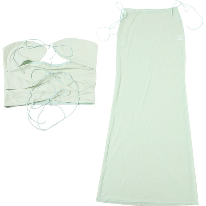 Winter Sun Ready: Sage Sheer Mesh Tie-Front Bandeau & Maxi Skirt Set - Resort & Vacation Chic