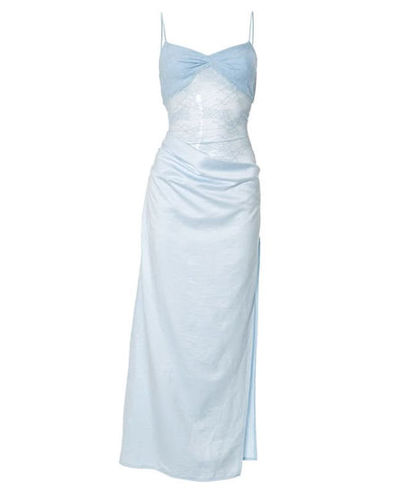 Dreamy Sky Blue Lace & Satin High-Slit Maxi Slip Dress – Fall Wedding Guest & Gala Ready