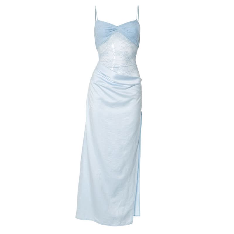 Dreamy Sky Blue Lace & Satin High-Slit Maxi Slip Dress – Fall Wedding Guest & Gala Ready