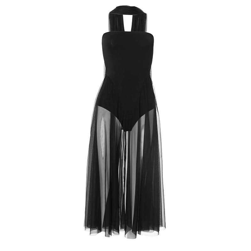 Sultry Black Sheer Mesh Halter Maxi Dress – Your Daring Pick for Fall Parties & Nights Out