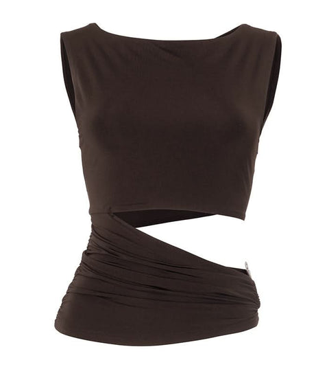 Espresso Ruched Cut-Out Bodice Top – Chic Sleeveless for Fall Nights & Holiday Glam
