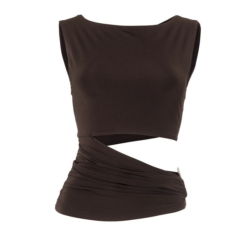 Espresso Ruched Cut-Out Bodice Top – Chic Sleeveless for Fall Nights & Holiday Glam