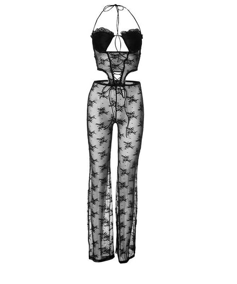 Seductive Black Lace Halter Cut-Out Jumpsuit - Perfect for Halloween & Daring Fall Nights