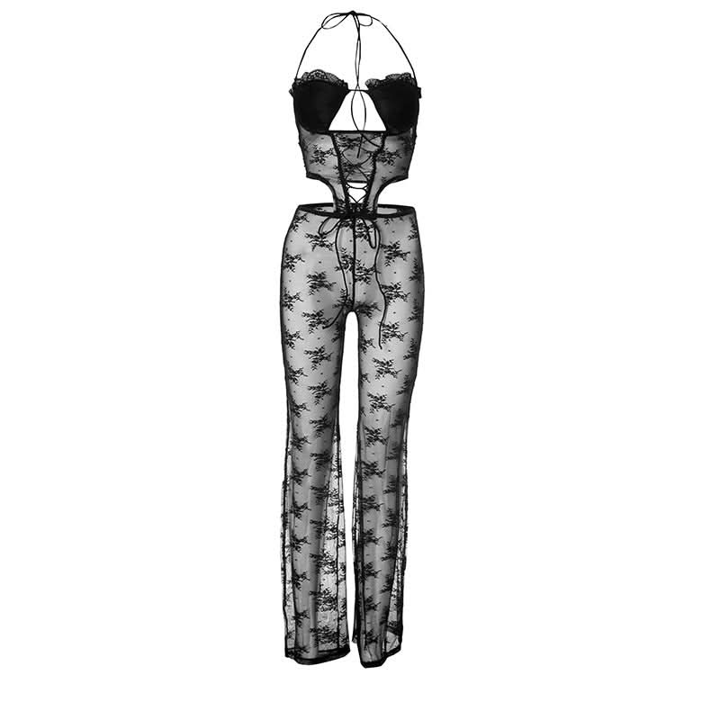 Seductive Black Lace Halter Cut-Out Jumpsuit - Perfect for Halloween & Daring Fall Nights