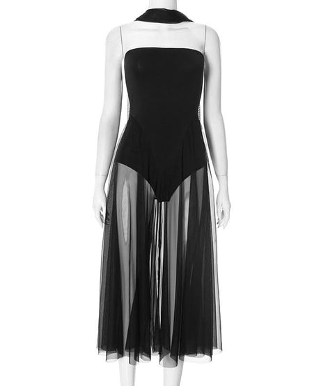 Sultry Black Sheer Mesh Halter Maxi Dress – Your Daring Pick for Fall Parties & Nights Out