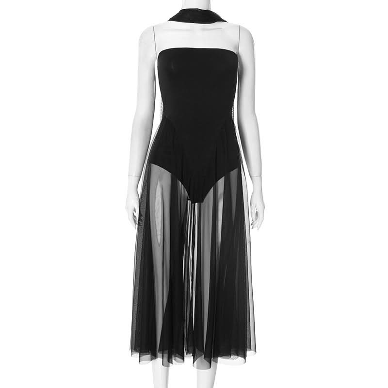 Sultry Black Sheer Mesh Halter Maxi Dress – Your Daring Pick for Fall Parties & Nights Out