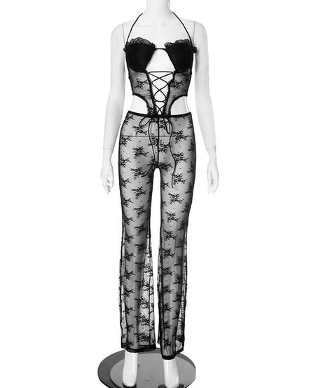 Seductive Black Lace Halter Cut-Out Jumpsuit - Perfect for Halloween & Daring Fall Nights