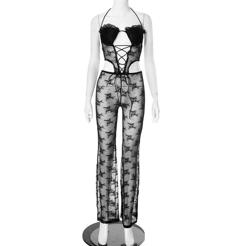 Seductive Black Lace Halter Cut-Out Jumpsuit - Perfect for Halloween & Daring Fall Nights