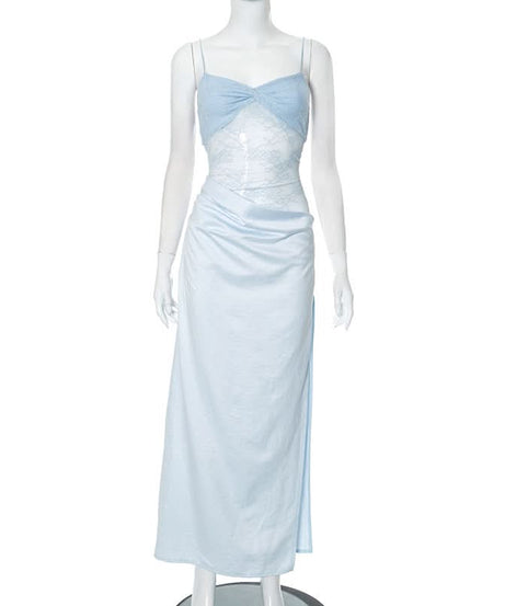Dreamy Sky Blue Lace & Satin High-Slit Maxi Slip Dress – Fall Wedding Guest & Gala Ready