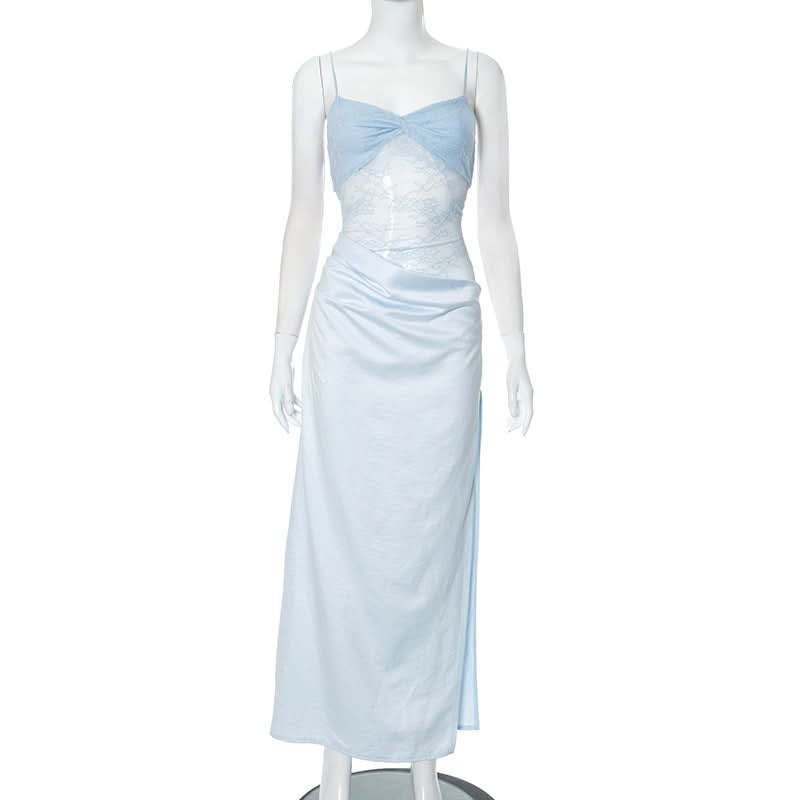 Dreamy Sky Blue Lace & Satin High-Slit Maxi Slip Dress – Fall Wedding Guest & Gala Ready