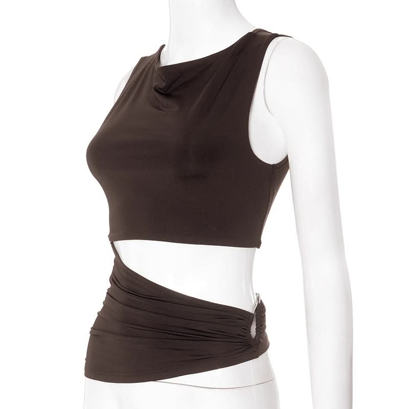 Espresso Ruched Cut-Out Bodice Top – Chic Sleeveless for Fall Nights & Holiday Glam