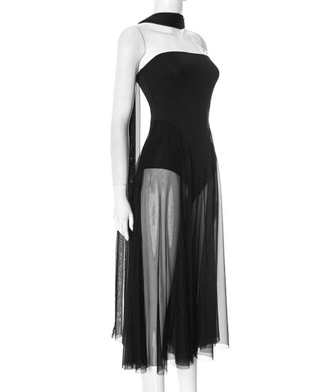 Sultry Black Sheer Mesh Halter Maxi Dress – Your Daring Pick for Fall Parties & Nights Out
