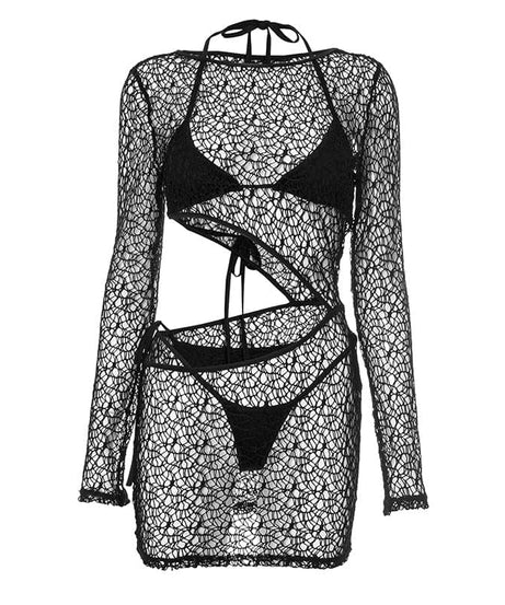 Chic Black Crochet Mesh 3-Piece Swim Set – Long Sleeve Cutout Mini Dress & Bikini for Fall Vacations