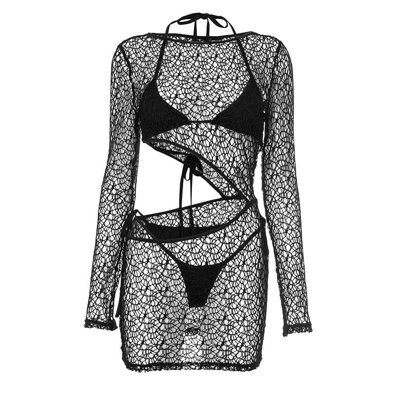 Chic Black Crochet Mesh 3-Piece Swim Set – Long Sleeve Cutout Mini Dress & Bikini for Fall Vacations
