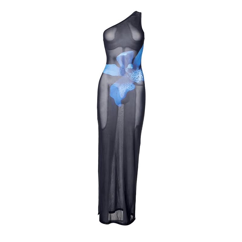Effortless Glam: Blue Orchid Sheer One-Shoulder Maxi Dress - Your Fall Event & Getaway Statement