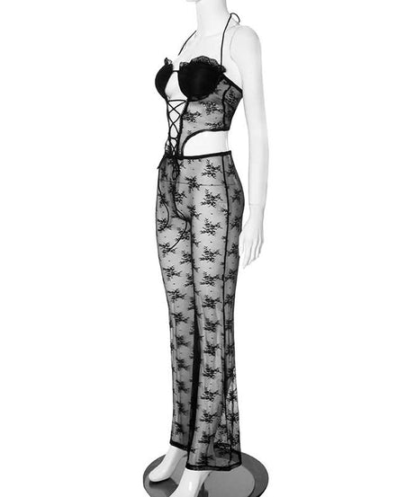 Seductive Black Lace Halter Cut-Out Jumpsuit - Perfect for Halloween & Daring Fall Nights