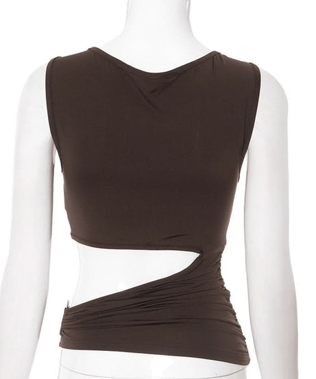 Espresso Ruched Cut-Out Bodice Top – Chic Sleeveless for Fall Nights & Holiday Glam