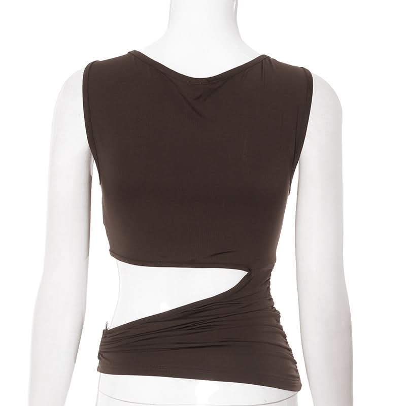 Espresso Ruched Cut-Out Bodice Top – Chic Sleeveless for Fall Nights & Holiday Glam