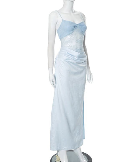 Dreamy Sky Blue Lace & Satin High-Slit Maxi Slip Dress – Fall Wedding Guest & Gala Ready