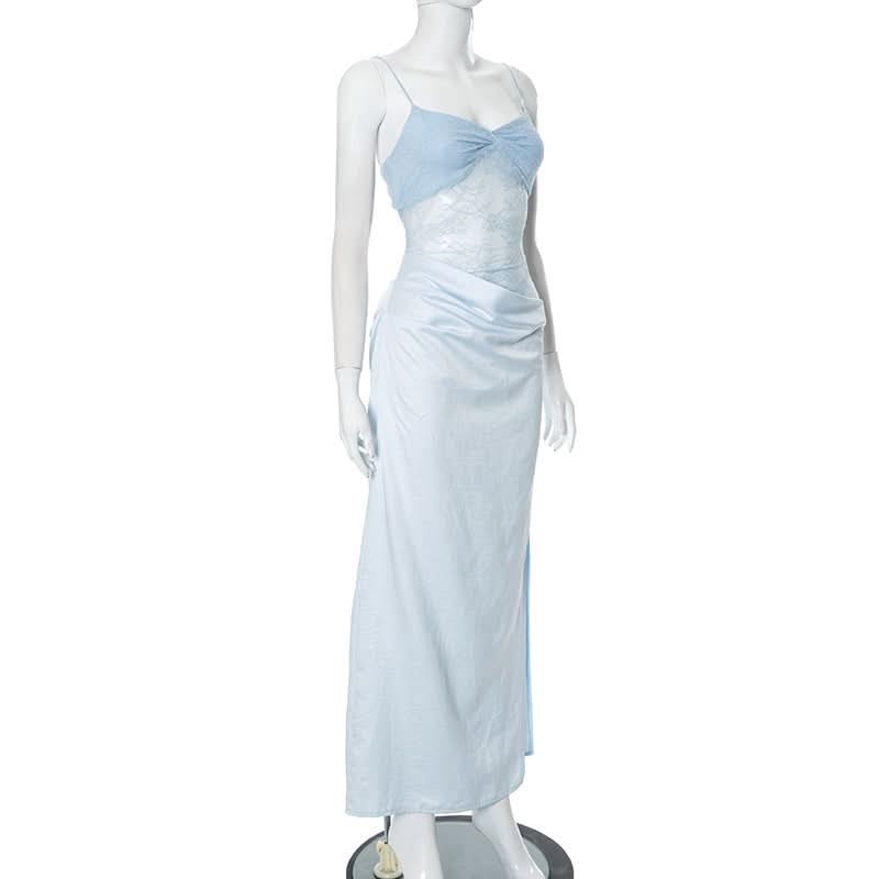 Dreamy Sky Blue Lace & Satin High-Slit Maxi Slip Dress – Fall Wedding Guest & Gala Ready