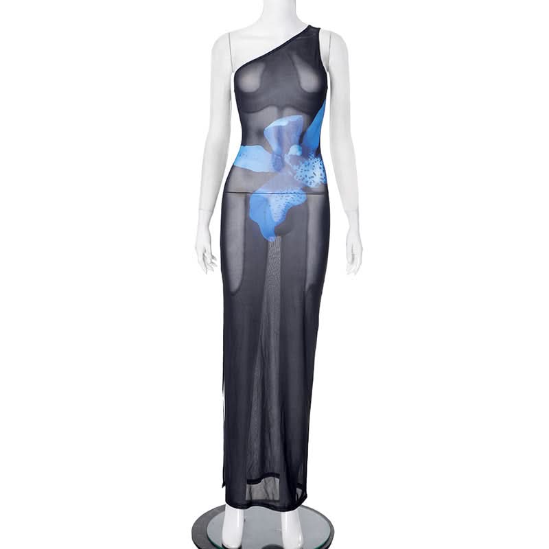Effortless Glam: Blue Orchid Sheer One-Shoulder Maxi Dress - Your Fall Event & Getaway Statement