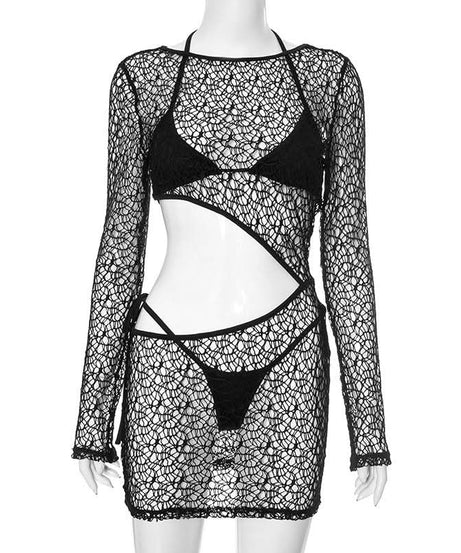 Chic Black Crochet Mesh 3-Piece Swim Set – Long Sleeve Cutout Mini Dress & Bikini for Fall Vacations