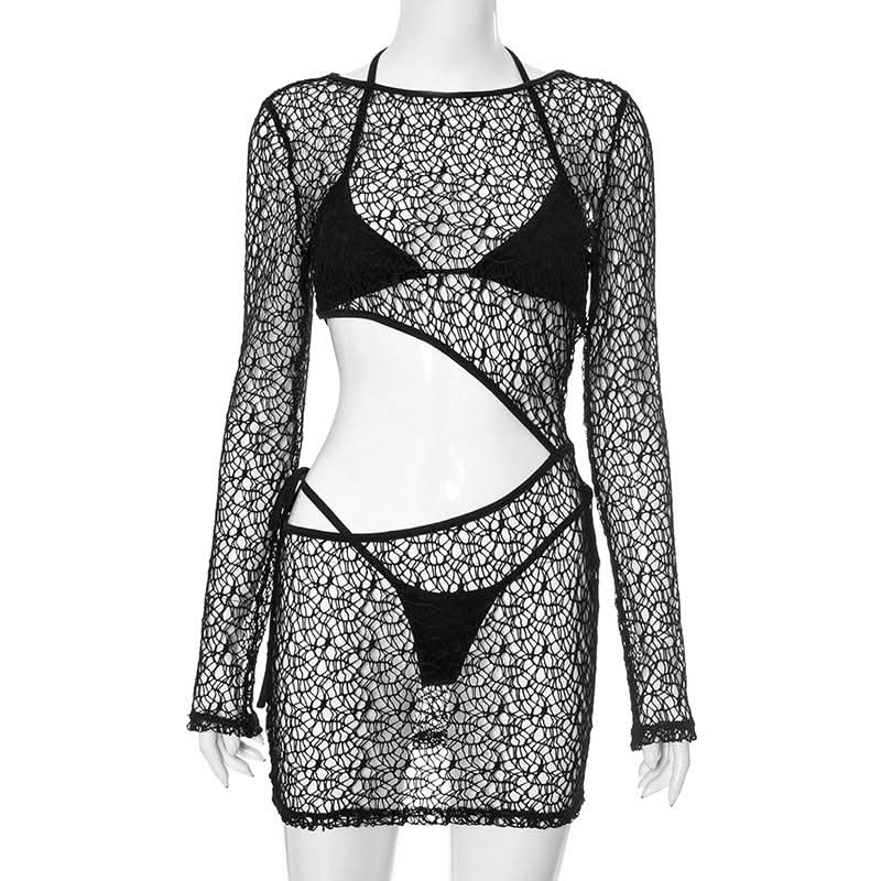 Chic Black Crochet Mesh 3-Piece Swim Set – Long Sleeve Cutout Mini Dress & Bikini for Fall Vacations