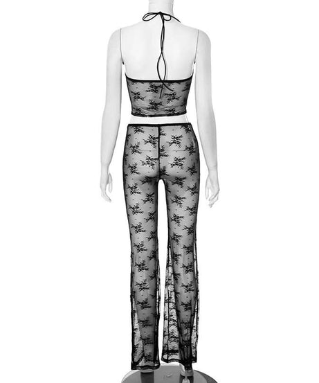 Seductive Black Lace Halter Cut-Out Jumpsuit - Perfect for Halloween & Daring Fall Nights