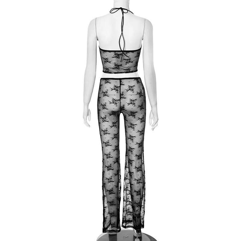 Seductive Black Lace Halter Cut-Out Jumpsuit - Perfect for Halloween & Daring Fall Nights