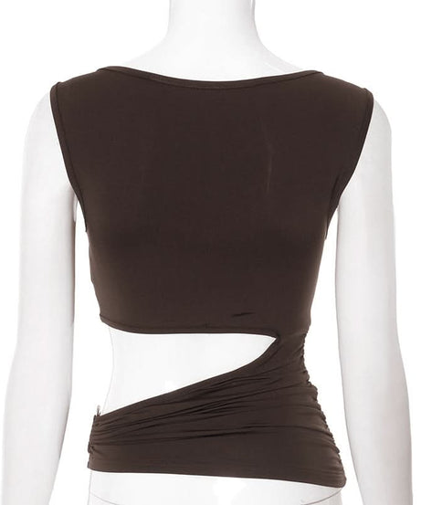 Espresso Ruched Cut-Out Bodice Top – Chic Sleeveless for Fall Nights & Holiday Glam