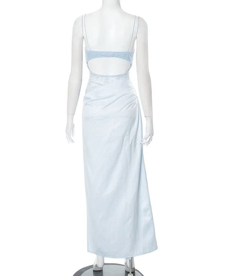 Dreamy Sky Blue Lace & Satin High-Slit Maxi Slip Dress – Fall Wedding Guest & Gala Ready