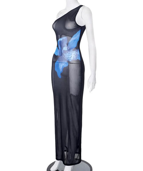 Effortless Glam: Blue Orchid Sheer One-Shoulder Maxi Dress - Your Fall Event & Getaway Statement