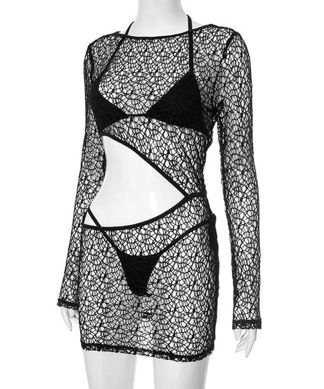 Chic Black Crochet Mesh 3-Piece Swim Set – Long Sleeve Cutout Mini Dress & Bikini for Fall Vacations