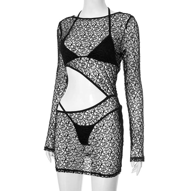 Chic Black Crochet Mesh 3-Piece Swim Set – Long Sleeve Cutout Mini Dress & Bikini for Fall Vacations