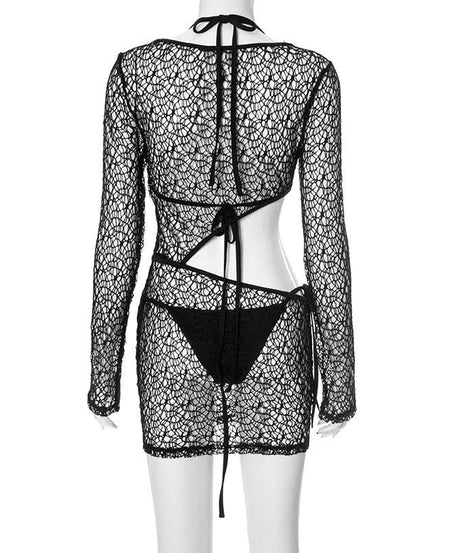 Chic Black Crochet Mesh 3-Piece Swim Set – Long Sleeve Cutout Mini Dress & Bikini for Fall Vacations