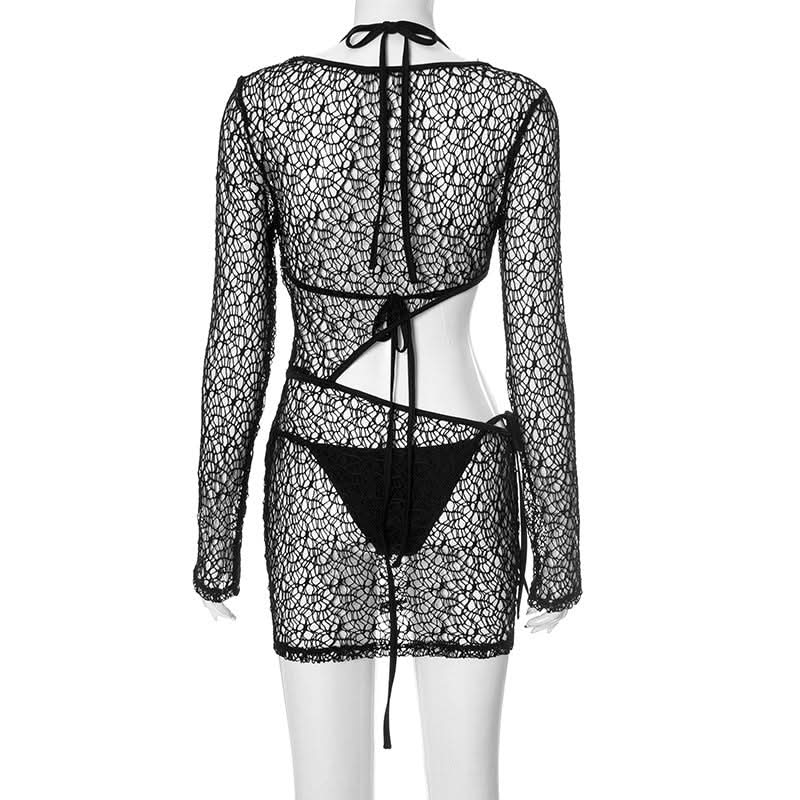 Chic Black Crochet Mesh 3-Piece Swim Set – Long Sleeve Cutout Mini Dress & Bikini for Fall Vacations