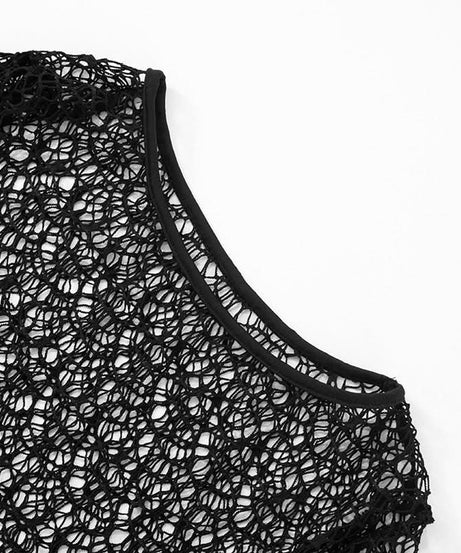 Chic Black Crochet Mesh 3-Piece Swim Set – Long Sleeve Cutout Mini Dress & Bikini for Fall Vacations