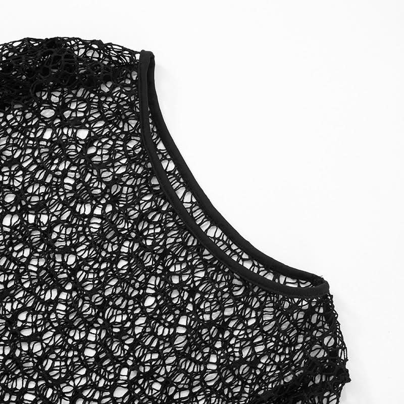 Chic Black Crochet Mesh 3-Piece Swim Set – Long Sleeve Cutout Mini Dress & Bikini for Fall Vacations