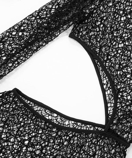 Chic Black Crochet Mesh 3-Piece Swim Set – Long Sleeve Cutout Mini Dress & Bikini for Fall Vacations